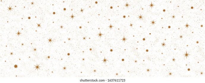 Festive cute pattern with gold flying stars. Celebratory background with snowflakes and Christmas star. Ornament for gift wrapping paper, textile, surface textures. Vector Illustration. EPS 10