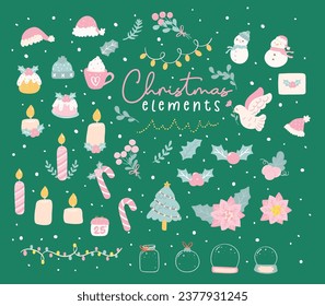 Festive cute pink cozy Christmas decoration elements, perfect for creating a cheerful and heart warming atmosphere in your designs. Ideal for greeting cards, festive backgrounds.