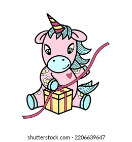 Festive Cute Pink Unicorn with gift Box, cartoon-style vector illustration on White background