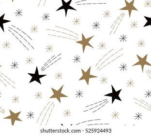 Festive cute seamless pattern with gold flying stars. Celebratory background with snowflakes and Christmas star. Ornament for gift wrapping paper, textile, surface textures. Vector Illustration.