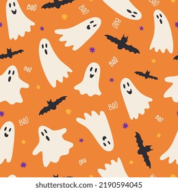 Festive cute seamless pattern with Halloween elements: ghost, bat, stars. Orange background. Vector illustration