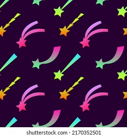 Festive cute seamless pattern with neon flying stars. Celebratory background with Christmas star. Ornament for gift wrapping paper, textile, surface textures. Vector Illustration. EPS