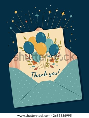 A festive, cute vector illustration a blue envelope with a Thank You card decorated with flowers and balloons on a dark blue background. Perfect for various greetings, designs, inserts, social media