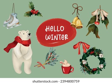 
Festive and cute winter illustrations, Christmas decoration, Watercolor. Collection of Vector clip art, bear, bells, winter flowers, coffee. Perfect for invitation, card, poster, banner, stickers