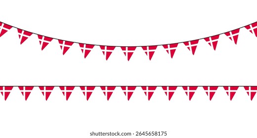 Bandeira dinamarquesa festiva com triângulos vermelhos e brancos pendurados em uma corda, perfeito para celebrações nacionais ou decoração de festa temática.