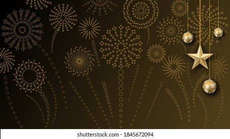 Fondo oscuro festivo con fuegos artificiales decorados con bolas navideñas y una estrella. Conveniente para publicar sus textos y saludos.
