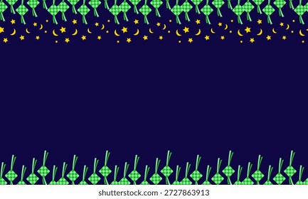Un fondo azul oscuro festivo presenta filas de decoraciones tradicionales de ketupat verde en la parte superior e inferior, complementadas por un borde de estrellas amarillas y lunas crecientes, que evocan una celebración navideña.