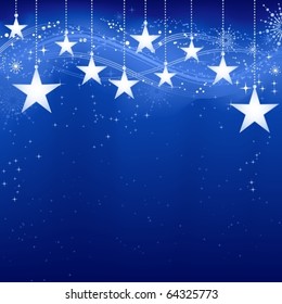 Festive dark blue Christmas background with stars, snow flakes and grunge elements.