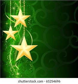Festive dark green Christmas background with golden stars, snow flakes and grunge elements.