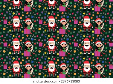 Festive dark green Christmas pattern with Santa Claus, helpers, baubles, snowflakes and gifts. Ideal for fabrics and paper prints.