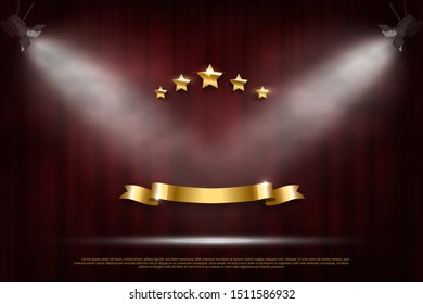 Festive dark red curtain realistic luxury background. Retro cinema, classic theater drop and blank glowing golden ribbon 3D vector horizontal backdrop. Five shiny stars and sparkling falling confetti