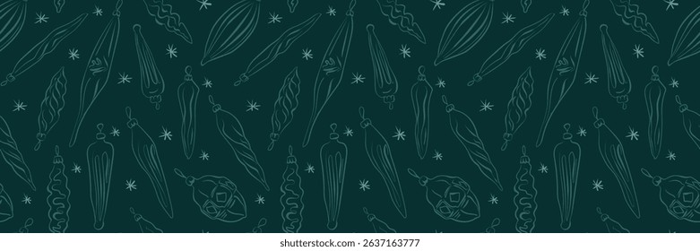 Festive dark snow pattern with Christmas tree toys and snowflakes. Vector winter New Year background. For greeting holiday cards, banners, wrapping paper.