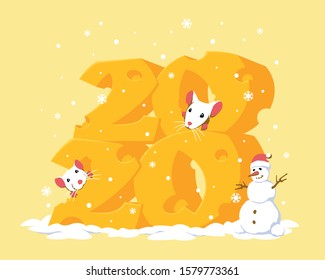 
The festive date 2020 is decorated with pieces of cheese. Mice hide inside the holes and eat the date 2020. A snowman is standing nearby and the snow is slowly falling.