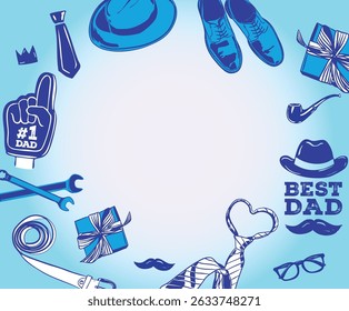 Festive Father’s Day background featuring tools, gifts, and accessories in a circular frame. Ideal for greeting cards, social posts, flyers, or ad banners honoring dads.