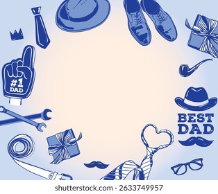 Festive Father’s Day background featuring tools, gifts, and accessories in a circular frame. Ideal for greeting cards, social posts, flyers, or ad banners honoring dads.