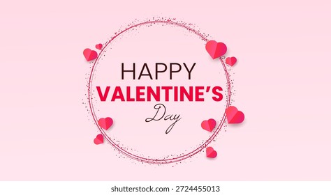 Festive Valentine’s Day composition with elegant handwritten typography and floating red and pink hearts on a white background.