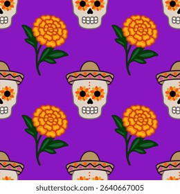 Festive Day of the Dead vector seamless pattern with sugar skulls wearing sombreros and vibrant marigold flowers on a rich purple background, perfect for holiday celebrations.