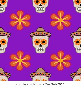 Festive Day of the Dead vector seamless pattern with sugar skulls wearing sombreros and vibrant orange flowers on a purple background, perfect for textile prints and holiday designs.