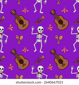 Festive Day of the Dead vector seamless pattern with dancing skeletons, guitars, trumpets, and maracas on a vibrant purple background, perfect for vibrant holiday designs.