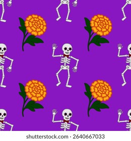 Festive Day of the Dead vector seamless pattern with dancing skeletons wearing bow ties and vibrant marigold flowers on a purple background.