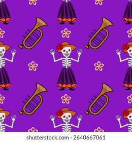 Festive Day of the Dead vector seamless pattern with skeletons in traditional clothing, trumpets, and vibrant flowers on a purple background, perfect for textile prints and holiday designs.