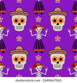 Festive Day of the Dead vector seamless pattern with sugar skulls, skeletons in traditional outfits, and vibrant flowers on a purple background.