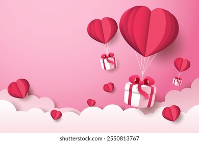 Una ilustración festiva del Día de San Valentín con globos en forma de corazón en 3D y cajas de regalo sobre un fondo rosa con corazones flotantes. Perfecto para diseños románticos y de temática navideña.