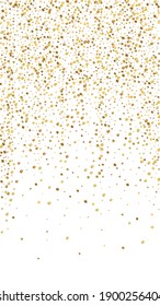 Festive dazzling confetti. Celebration stars. Gold confetti on white background. Glamorous festive overlay template. Vertical vector background.