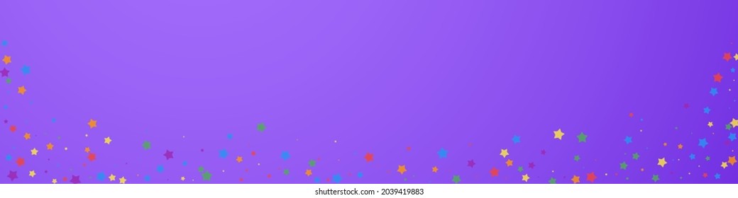Festive dazzling confetti. Celebration stars. Joyous stars on violet background. Adorable festive overlay template. Panoramic vector background.