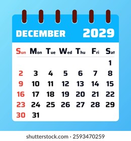 Festive December 2029 calendar with an elegant and practical design. Perfect for holiday planning, event scheduling, and personal organization.