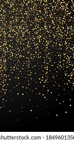 Festive decent confetti. Celebration stars. Gold confetti on black background. Gorgeous festive overlay template. Vertical vector background.