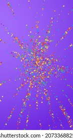 Festive decent confetti. Celebration stars. Joyous confetti on violet background. Fresh festive overlay template. Vertical vector background.