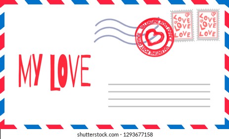Festive declaration of love in Valentine's Day. My love letter in envelope with stamp. Valentine card. Blank postcard. Flat vector illustration.