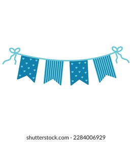 Festive decor for a children's holiday, baby shower boy. Blue triangular flags. Vector flat illustration