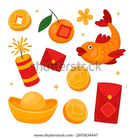 Festive decor elements for Lunar New Year, Tet. Coins, gold bar, red envelope for money, carp koi fish, firecracker, flowers, stars.