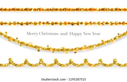 Festive Decor Garland. Christmas Traditional Decorations Gold Tinsel.