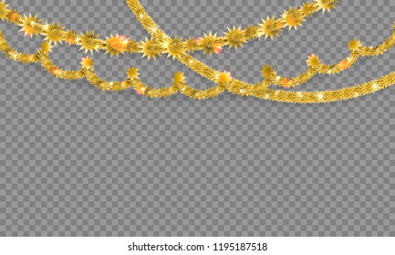 Festive decor garland. Christmas traditional decorations gold tinsel.