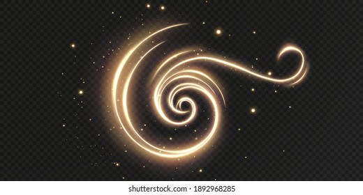 Festive decor. PNG. Glowing gold dynamic twirl. Futuristic light strip, line in motion on a transparent background. Electric power current conductor.	
