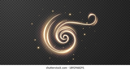 Festive decor. PNG. Glowing gold dynamic twirl. Futuristic light strip, line in motion on a transparent background. Electric power current conductor.	
