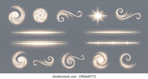 Festive decor. PNG. Glowing gold dynamic twirl. Futuristic light strip, line in motion on a transparent background. Electric power current conductor.