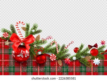 Festive decor with red tartan. Winter holiday Christmas design for banners, advertising, leaflet, cards, greeting, invitation and so on.