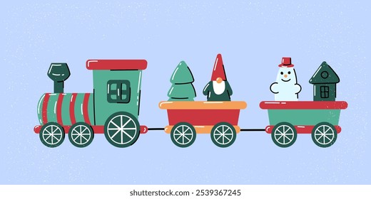 Trem de decoração festiva com um boneco de neve e árvore de Natal. Lembrança e presente para o Ano Novo e Natal.