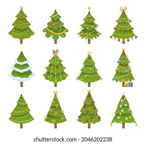 Festive decorated Christmas tree set vector flat illustration. Xmas symbol for celebrating winter holiday with hanged garland, star, snowflakes, toy ball isolated on white. Traditional seasonal spruce