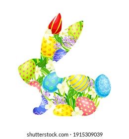 Festive Decorated Easter Eggs and Green Grass Framed in Bunny Shape Vector Illustration