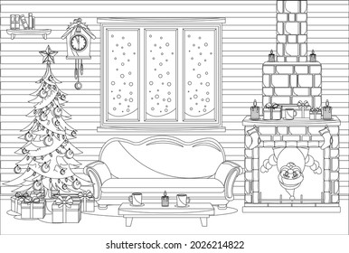 Cocina decorada con festividades para el año nuevo y Navidad. Coloración de vectores.
