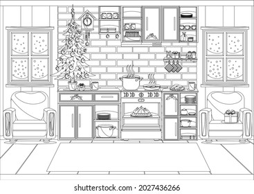 Cocina decorada con festividades para el año nuevo y Navidad. Coloración de vectores.