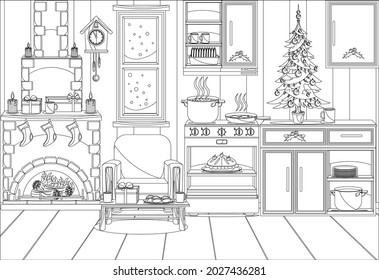 Festive decorated kitchen for the new year and Christmas. Vector coloring.