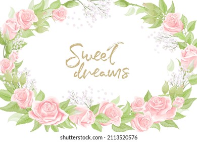 Festive decorating postcard for Valentine with cream pink rose buds. Vector design for wedding romantic postcard, valentines, greeting card, flyers invitation or posters