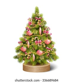 Festive Decoration Christmas Tree Pine On Wooden Stand Isolated on White Background