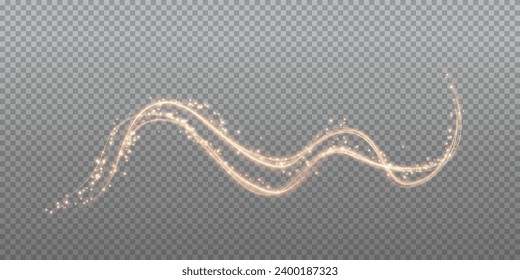 Festive decoration in the form of luminous flying wind surrounded by light dust and golden speed lines. Light effect for ceremonies, awards, prizes, motivations, invitations, banners, cards, videos.